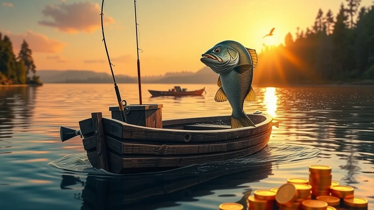 Bateau de pêche et gros bar sautant du lac, Big Bass Bonanza