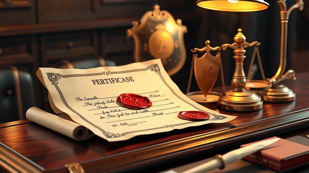 Certificat scellé, balance et bouclier illustrant la licence du casino Lizaro