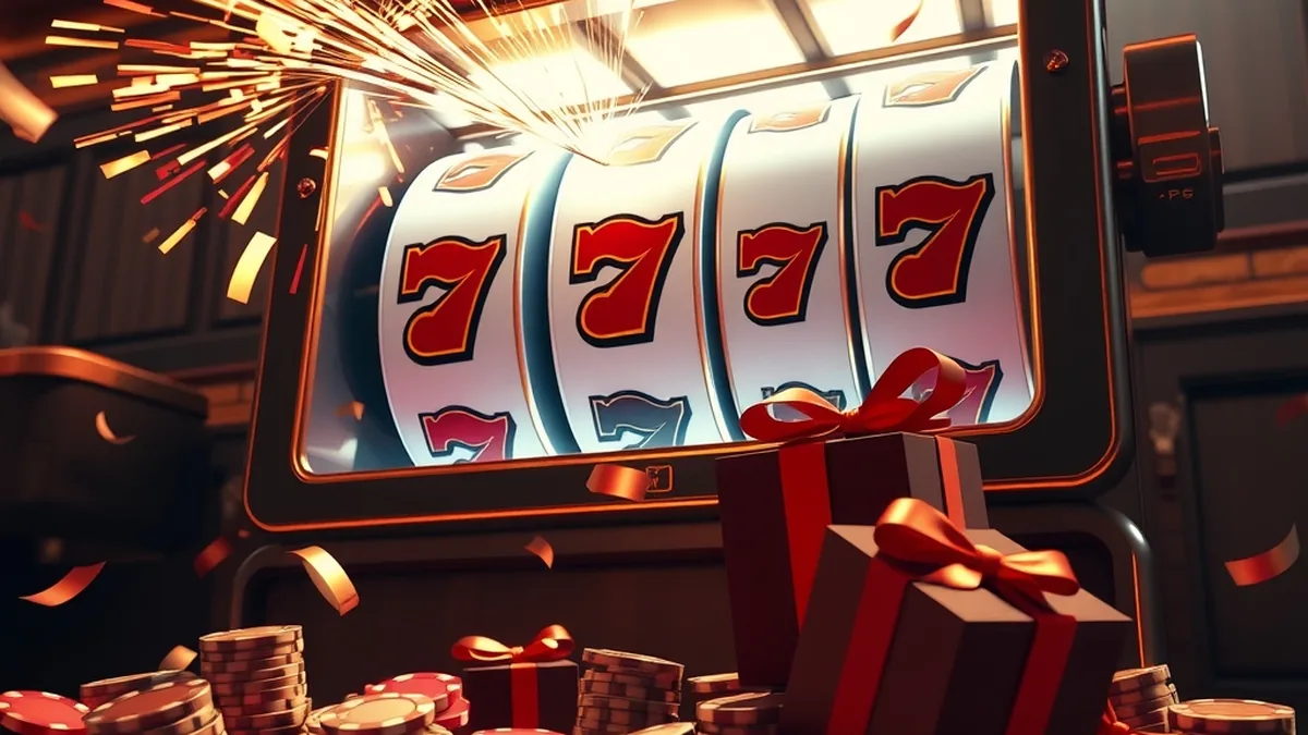 Machine à sous, cadeaux et confettis illustrant les free spins Lizaro bonus