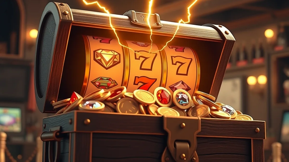 Coffre débordant d'or et de gemmes sous des rouleaux, jackpots Lizaro slots